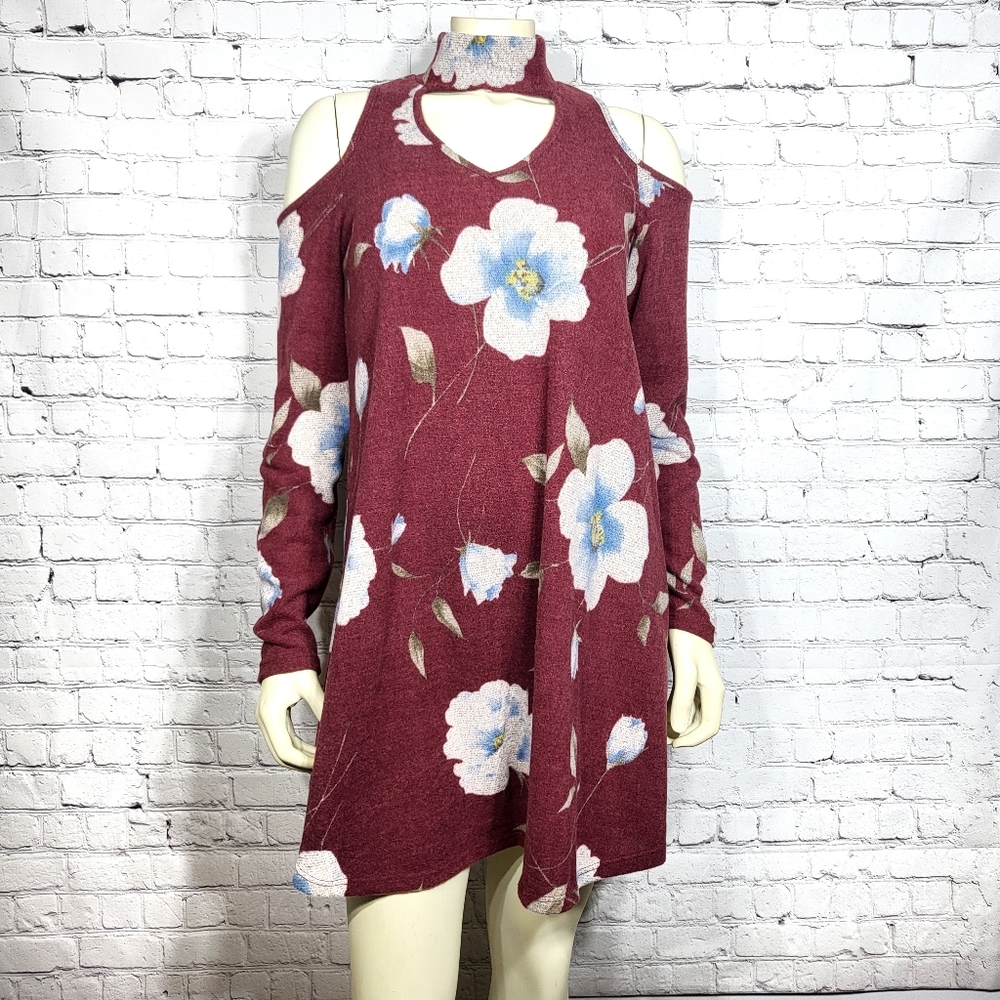 Peach Love Burgundy Floral Cold Shoulder Dress Small Longsleeve